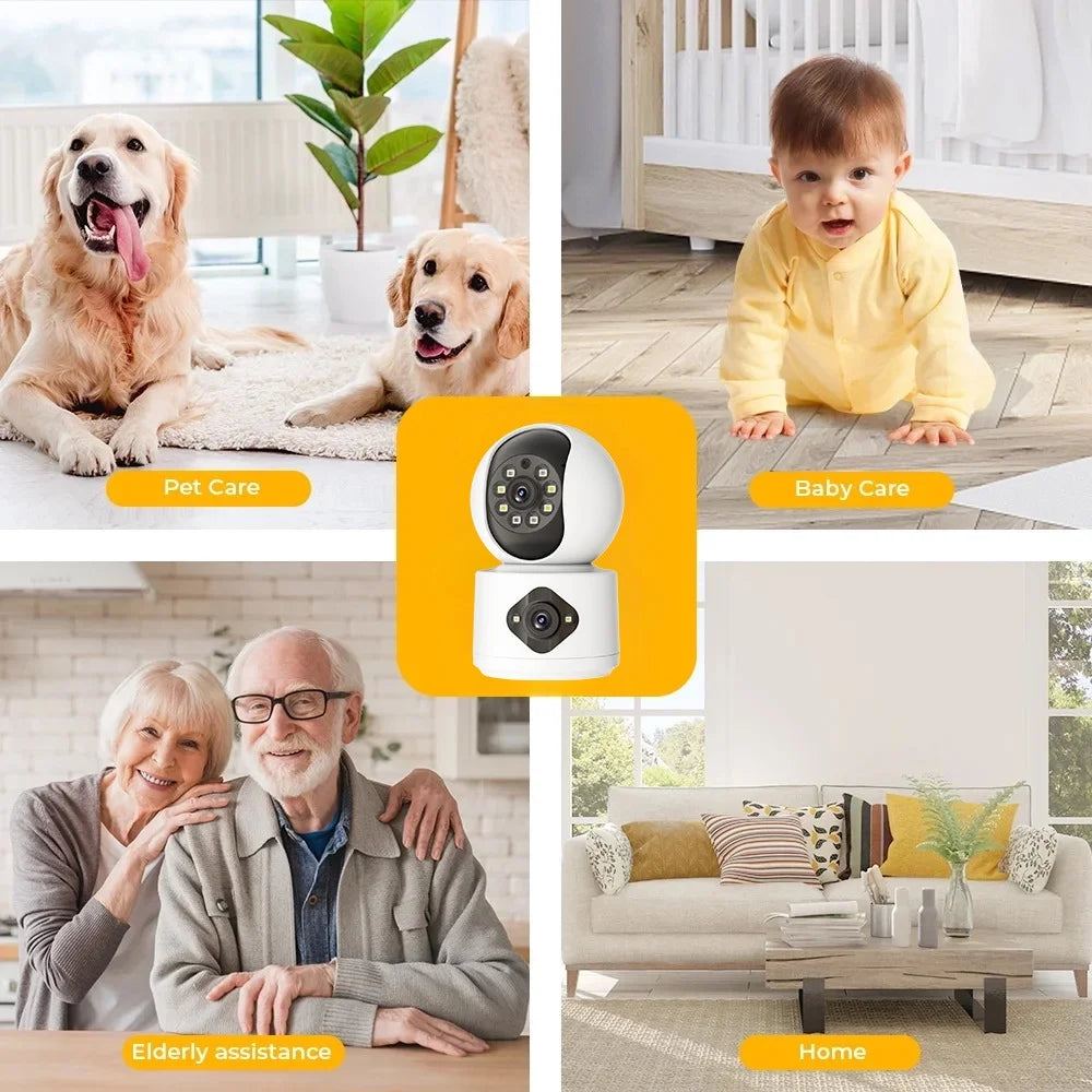 2K Dual Lens Indoor Security Camera, 2.4Ghz Wifi Indoor Camera for Home Security, Baby/Pet Camera Indoor with Night Vision, Motion Detection, Two-Way Audio, Siren, Cloud & SD Card Storage