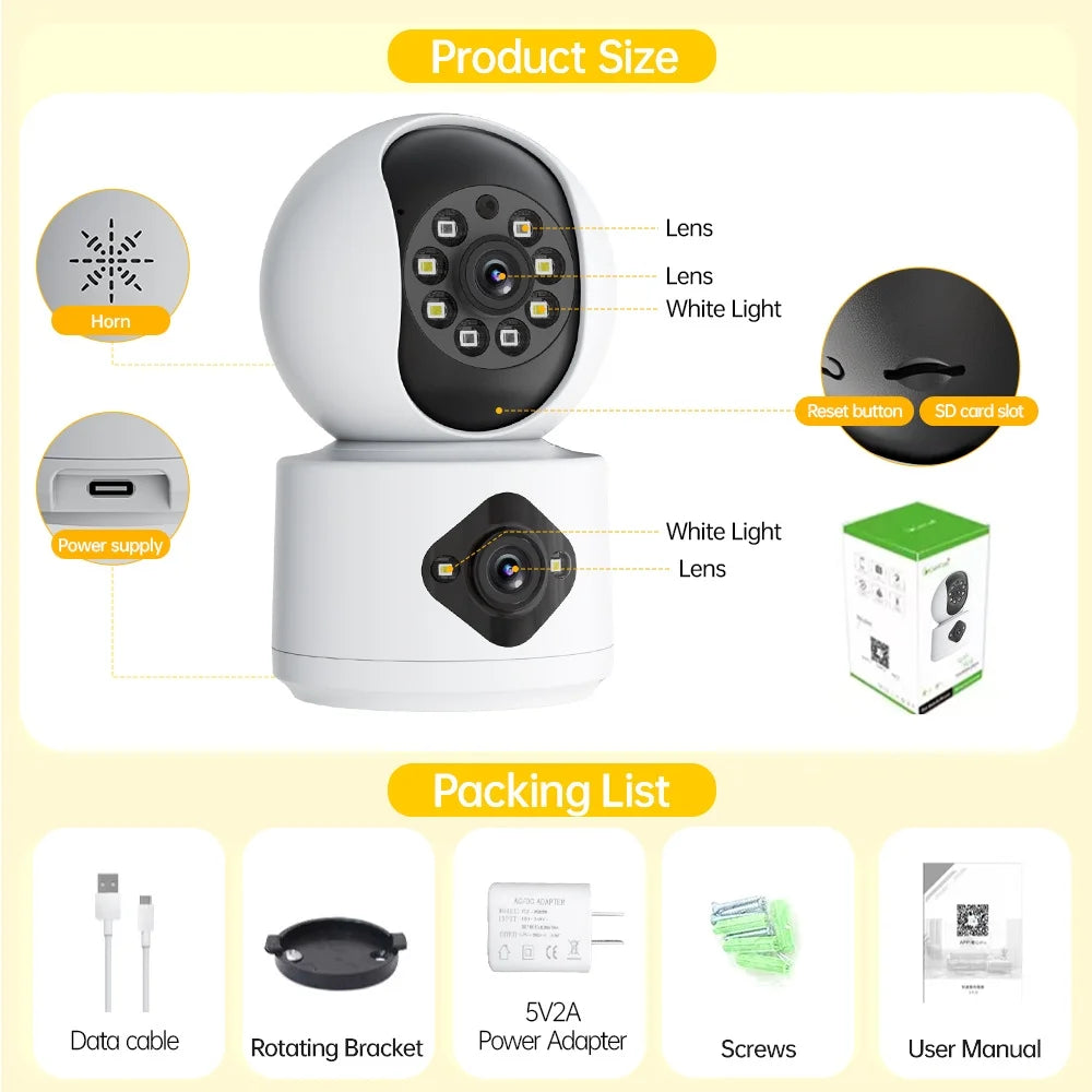 2K Dual Lens Indoor Security Camera, 2.4Ghz Wifi Indoor Camera for Home Security, Baby/Pet Camera Indoor with Night Vision, Motion Detection, Two-Way Audio, Siren, Cloud & SD Card Storage