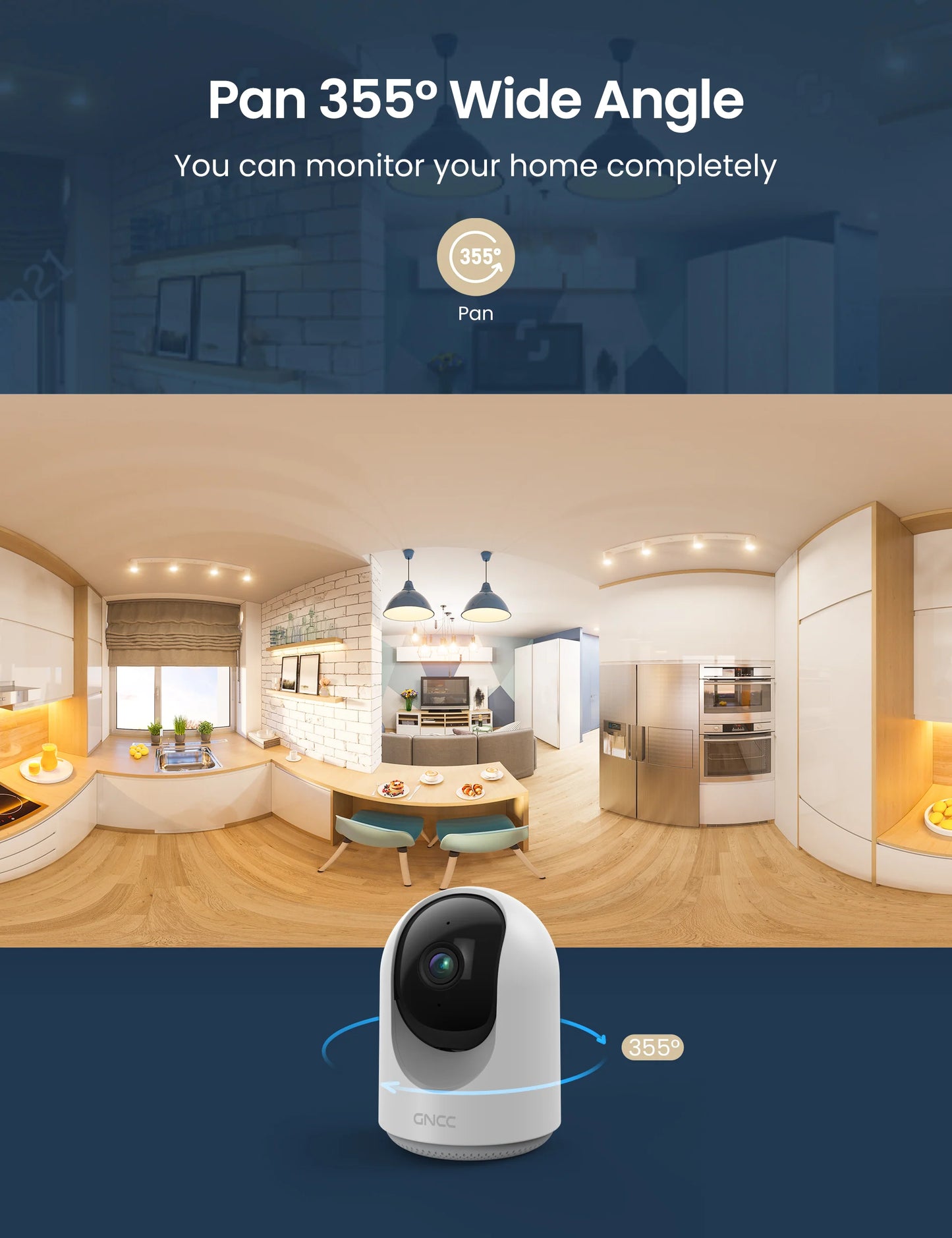 2K 360° Indoor Security Camera, 2.4Ghz Wifi Home Camera,Motion/Sound Detection，Infrared Night Vision，2-Way Audio