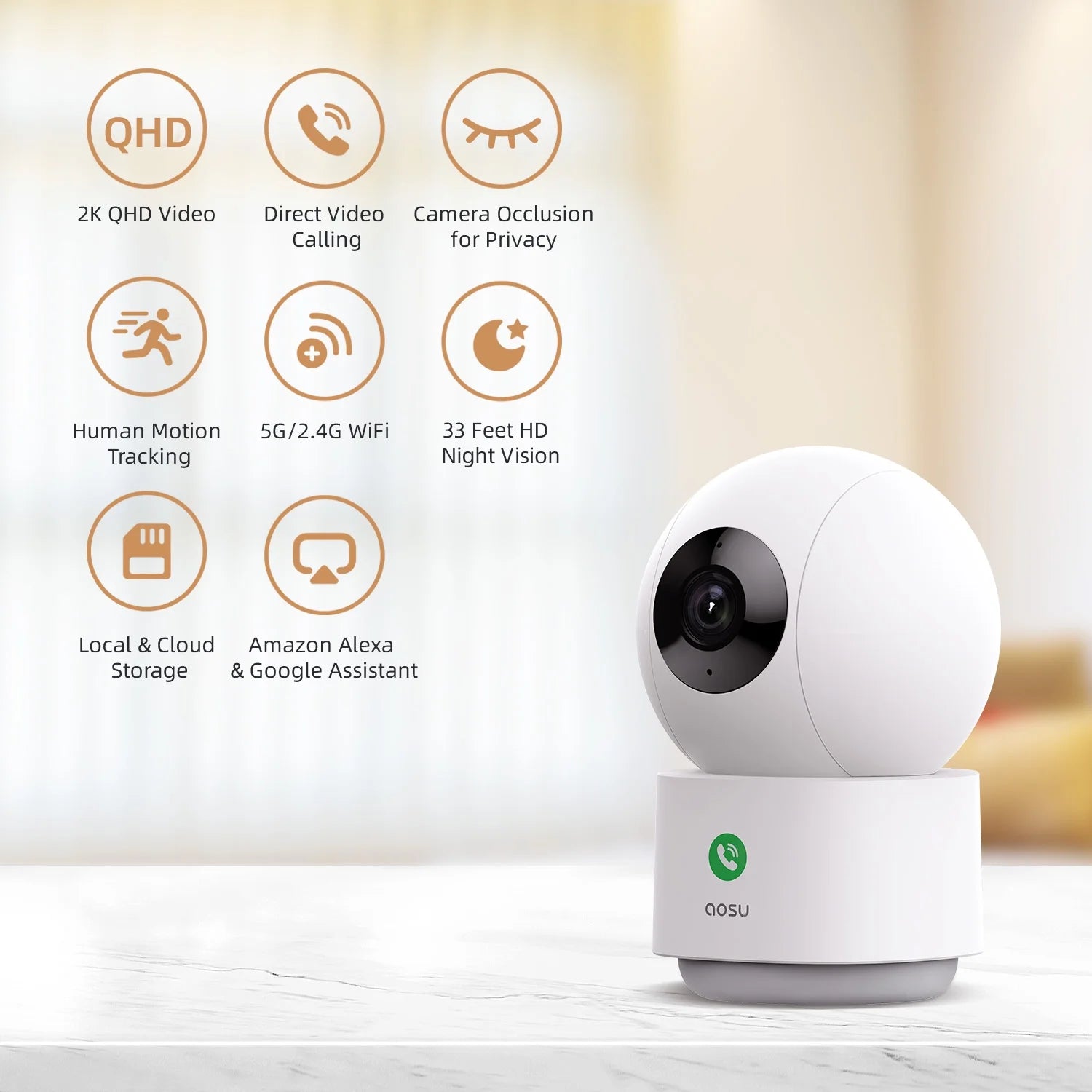 2K Indoor Security Camera, Baby Monitor Pet Camera 360° View for Home Security, One-Touch Calls, Motion Tracking, Night Vision, 5 Ghz Wi-Fi, Compatible with Alexa