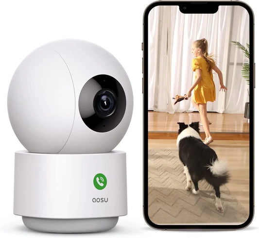 2K Indoor Security Camera, Baby Monitor Pet Camera 360° View for Home Security, One-Touch Calls, Motion Tracking, Night Vision, 5 Ghz Wi-Fi, Compatible with Alexa