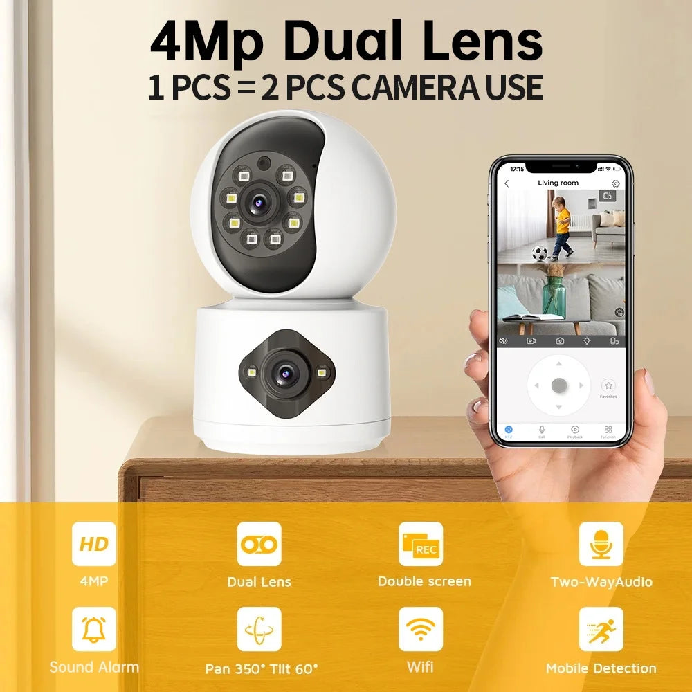 2K Dual Lens Indoor Security Camera, 2.4Ghz Wifi Indoor Camera for Home Security, Baby/Pet Camera Indoor with Night Vision, Motion Detection, Two-Way Audio, Siren, Cloud & SD Card Storage