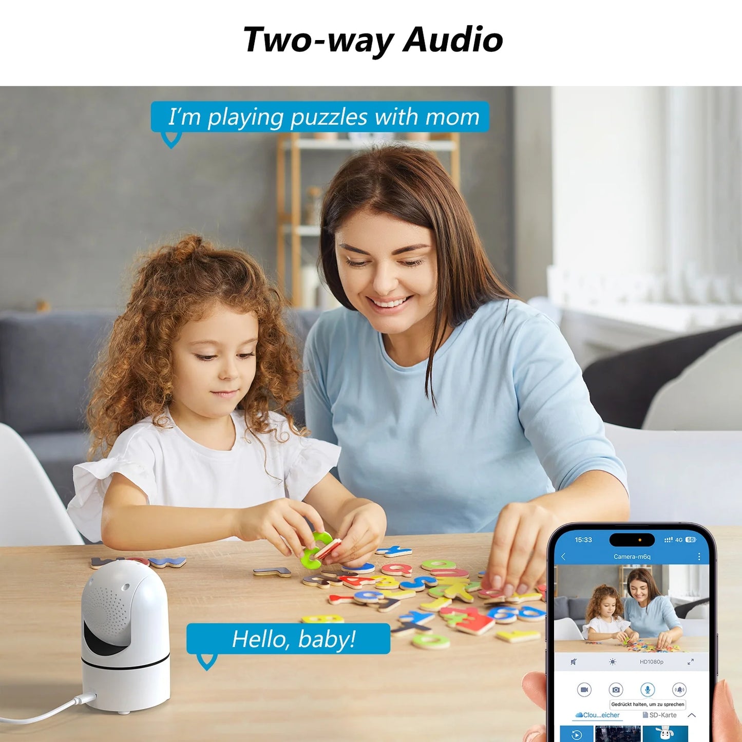 Wifi Indoor Security Camera, 360° PTZ 1440P Smart Security Camera for Home Baby Pet, IR Night Vision, Motion Detection, Two-Way Audio, Compatible with Alexa